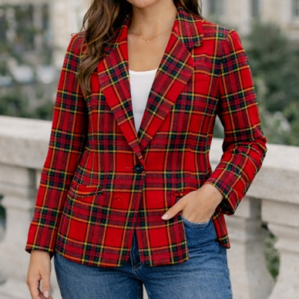 Joan Leslie Red Plaid Tartan Blazer Womens 6 Petite Wool Blend Classic Jacket